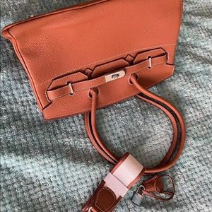 Golden brown Leather Handbags Double Top Handle Satchel Bag & pony bag chains